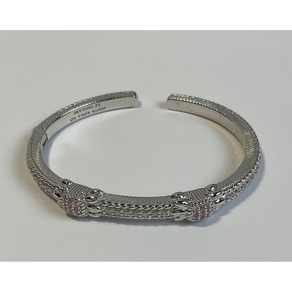 Judith Ripka 925 Sterling Silver Pink Clear CZ Textured Rope Hinged Bracelet - Picture 6 of 11